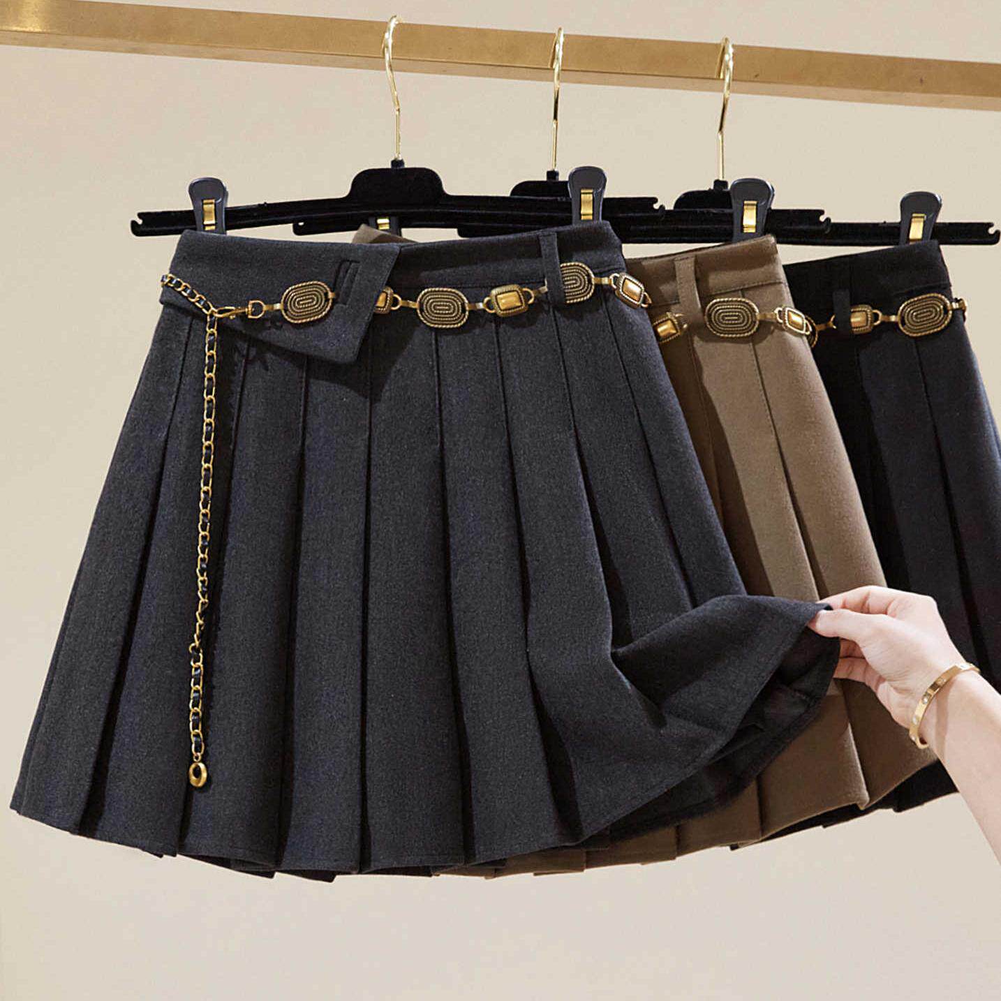 韩国高腰遮跨灰色毛呢半身裙女秋冬加厚a字裙小个子百褶休闲短裙