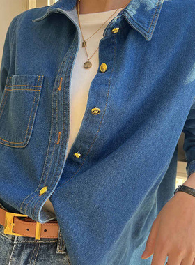 韩国小个子蓝色牛仔衬衫女士2025秋季时尚长袖衬衣高级感港风上衣