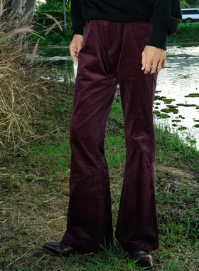 PUBLICRADIO80s美式复古灯芯绒喇叭裤柔和光泽表面绒毛酒红色设计