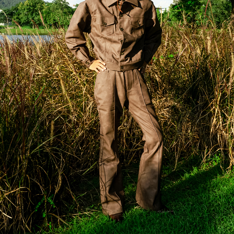 美式复古喇叭裤高档工艺皮衣仿皮