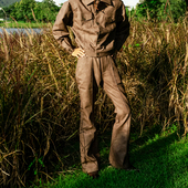 PUBLICRADIO 西部美学磨砂真皮重磅喇叭裤 高腰复古嬉皮士摇滚设计