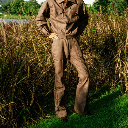 PUBLICRADIO 西部美学磨砂真皮重磅喇叭裤高腰复古嬉皮士摇滚设计