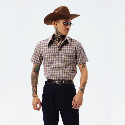 PUBLIC RADIO｜美式西部复古格纹尖领短袖衬衫新墨西哥州之星修身