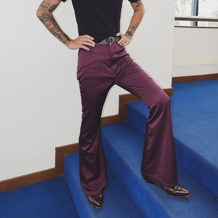 公共电波 嬉皮士美式复古70s暗红色纹理修身高腰喇叭裤中性摇滚