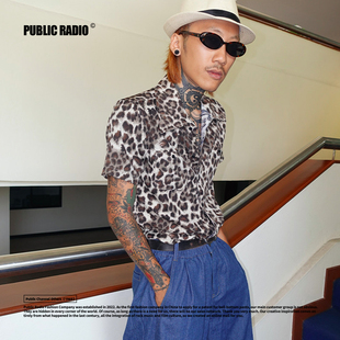 修身 公共电波池袋西口公园千禧年东京复古豹纹一字领尖领短袖 衬衫