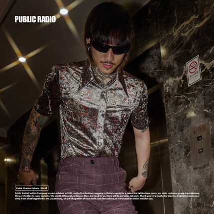 PUBLIC RADIO | 日本80S的士高复古灯芯绒亮面华丽关刀领短袖衬衫