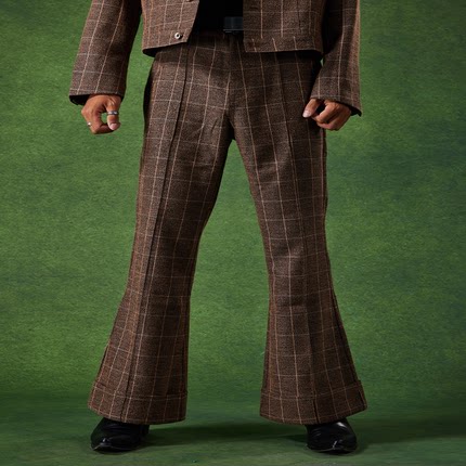 PUBLIC ｜60S美式复古毛呢喇叭裤嬉皮格纹高腰修身羊毛