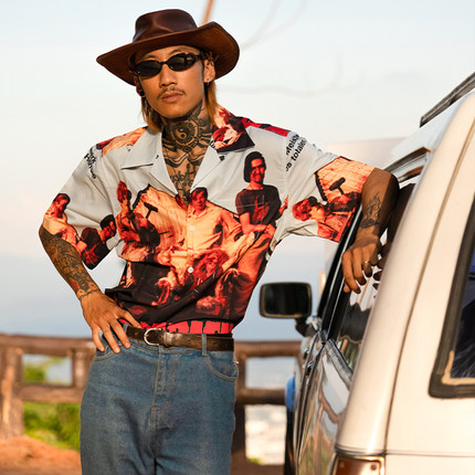 PUBLICRADIO｜HOLLYWOOD复古德州电锯狂人西部印花古巴领丝绵衬衫