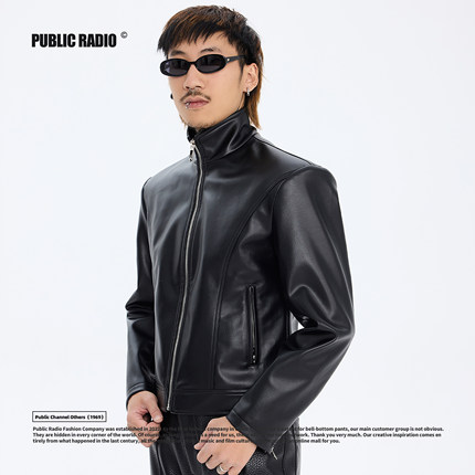 PUBLIC RADIO | 美国70年代重磅加宽垫肩拉链高领皮衣防风夹克