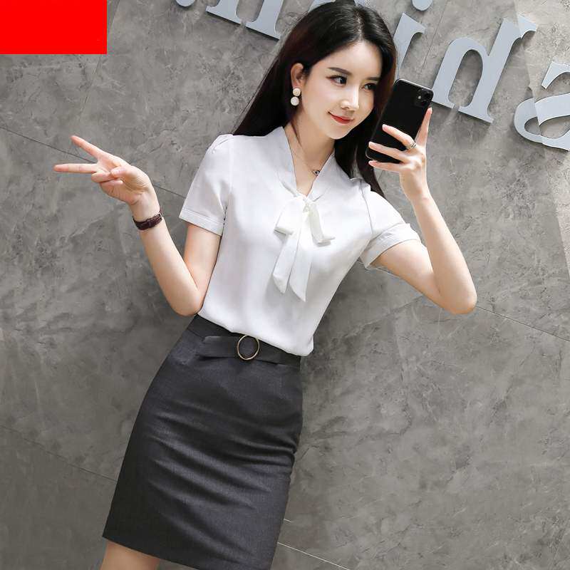 蝴蝶结衬衫女士飘带白色夏季职业装短袖修身衬衣通勤OL正装工作服