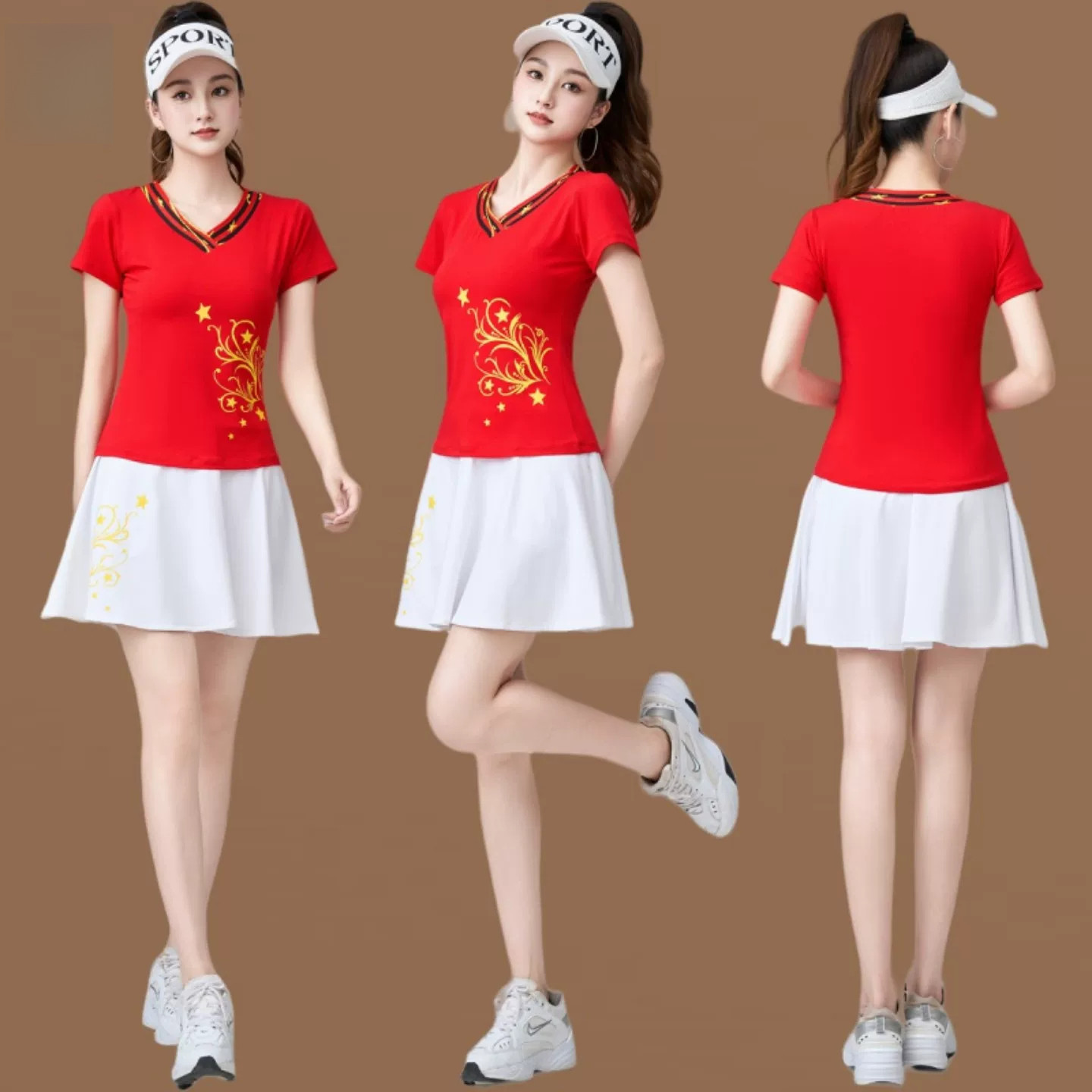 新中式国风国潮广场舞运动休闲套装夏季烫花短袖棉舞蹈健身服短裙