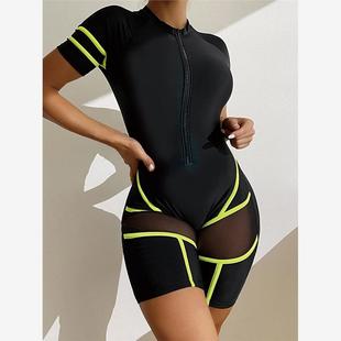 One Piece Swimsuit Women Contrast Mesh Sport Swimwea保守泳衣