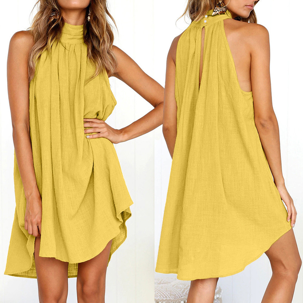 Round neck pleated vest mid-rise stitching women's dress