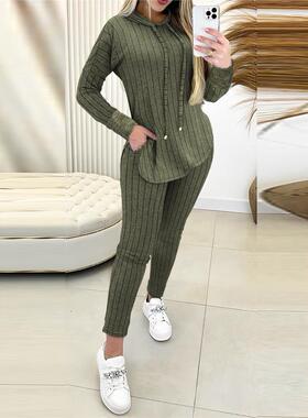 Women Two Piece Sets宽坑条蕾丝拼接兜帽上衣+裤子两件套装女