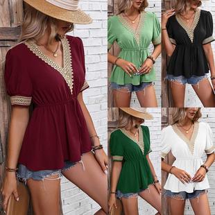 Sexy v-neck t-shirts waist shirt temperament elegant Tops