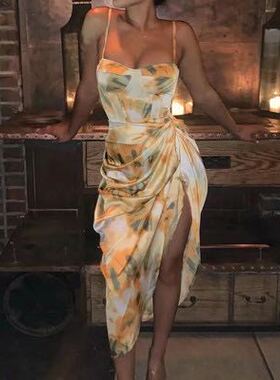 Print Spagetti Strap Dress Women Stretc Party Dress