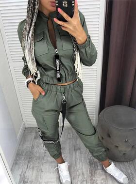 Pockets Zipper Design Ruched Coat Cargo Pants Sets休闲套装女