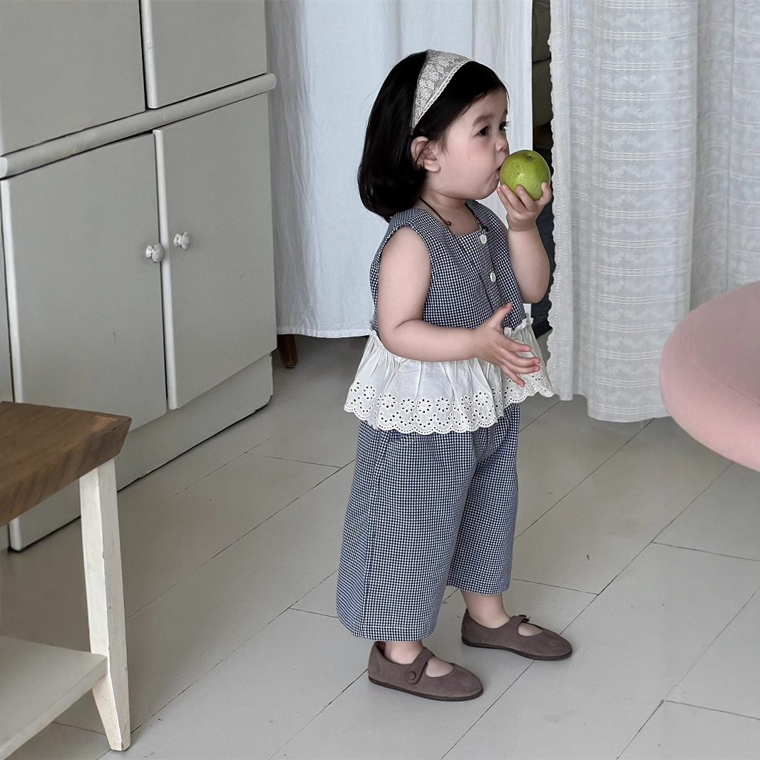 儿童夏季格子套装薄款2026夏款新品韩版童装宝宝衣服女童背心套装