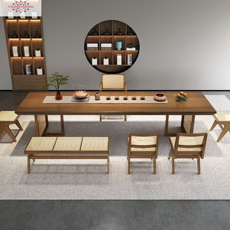 现代办公室泡茶桌子中古风茶桌椅组合简约民宿家用实木茶台桌