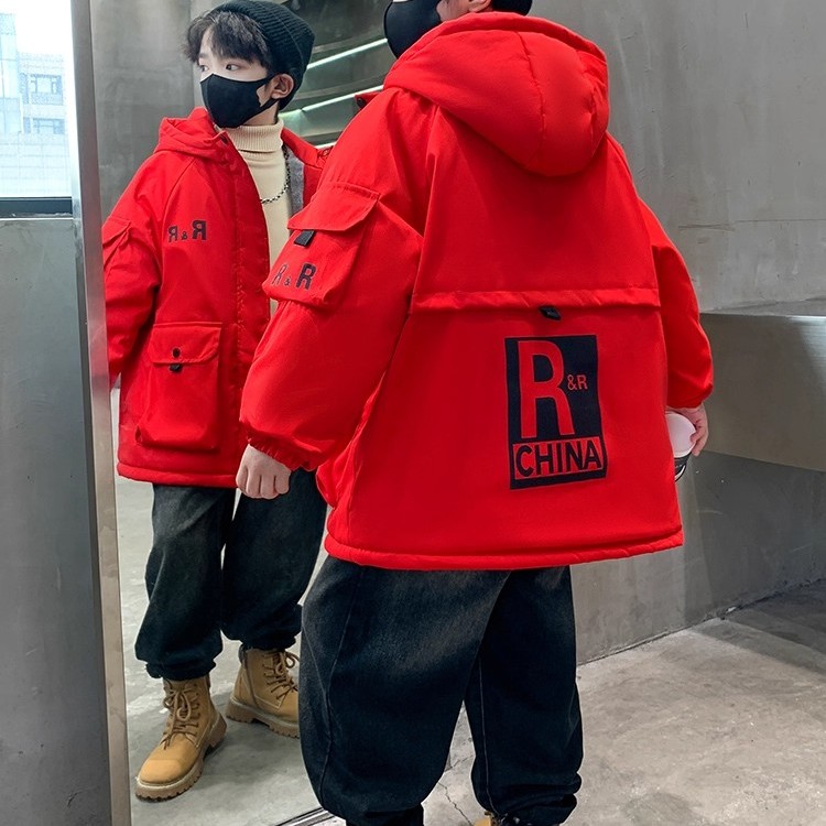 工装风男童棉服冬季加厚连帽外套中大童红色刺绣潮冲锋衣男童外套