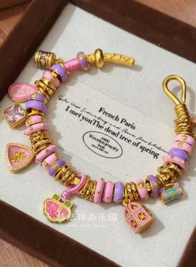 古法沙金点钻黄金色盘缠手镯手串花丝福蝶爱心手链轻奢高级女