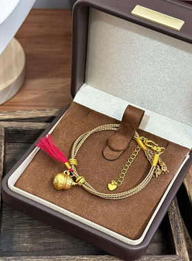 古法沙金点钻黄金色葫芦手链手饰女款轻奢盘缠编织手绳新中式小众