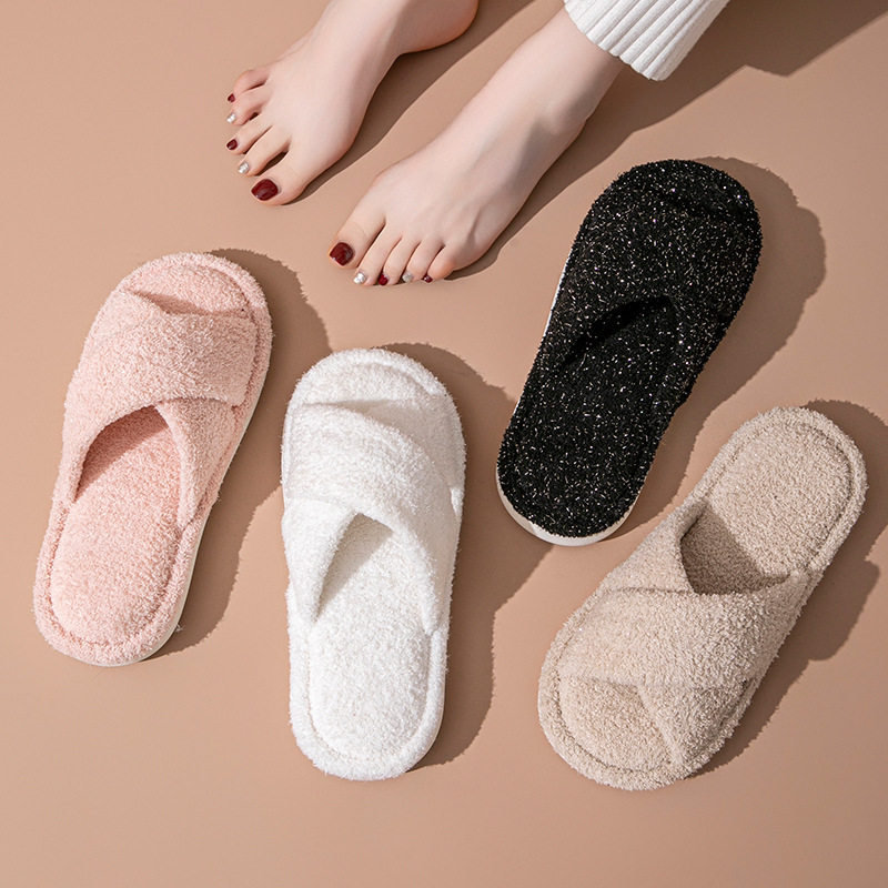 新品跨境亚马逊ins交叉带满天星棉拖鞋冬毛毛拖鞋欧美居家毛绒拖