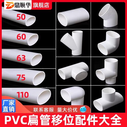 PVC排水扁管75直接50弯头异径110三通椭圆下水管移位扁口配件大全