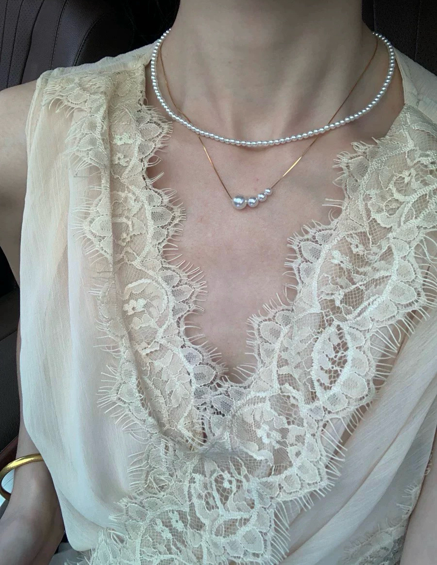 私藏级颈间精致 4mm细珠+渐变珍珠吊坠项链 两根一套可叠加可单独