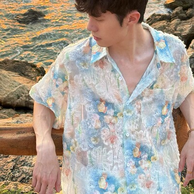 浮雕印花流苏短袖凉感度假衬衫夏季氛围感海边出镜翻领衬衫半袖男