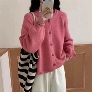 秋冬新款慵懒风卷边纯色针织开衫毛衣女宽松显瘦休闲外套上衣服潮