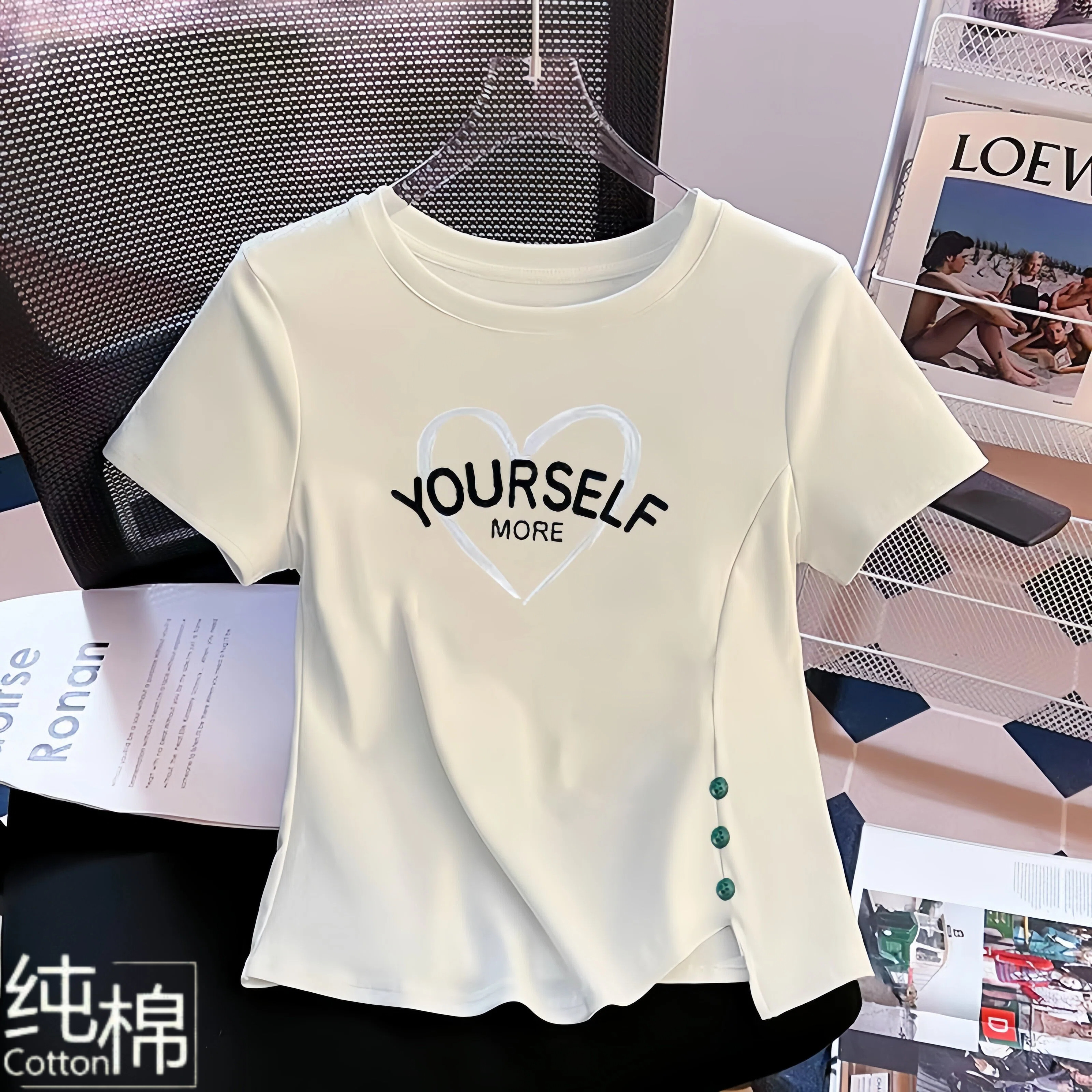 2026夏季纯棉短袖T恤女新款时尚百搭减龄白色韩版宽松t恤简约上衣