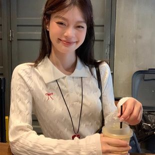 蝴蝶结polo领针织衫女秋冬小个子修身长袖绣花高级感慵懒毛衣上衣