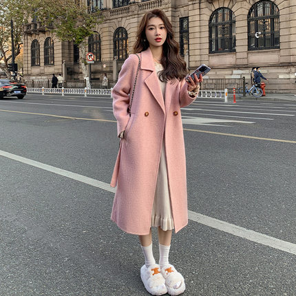 粉色双面毛呢大衣女2024年秋冬季新款韩版宽松中长款系带毛呢外套