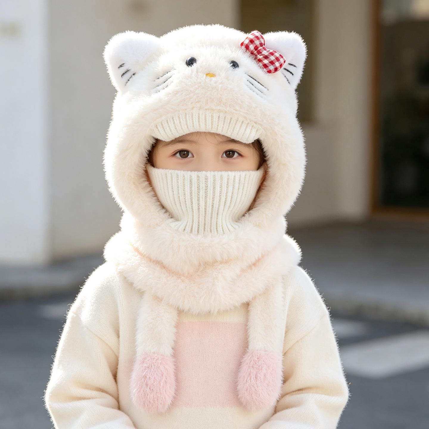 儿童帽子围脖口罩一体秋冬卡通男女童毛绒加厚保暖宝宝套头护耳帽