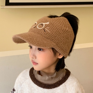 儿童棒球帽秋冬季新扎马尾女童可爱小猫针织帽空顶保暖男童鸭舌帽