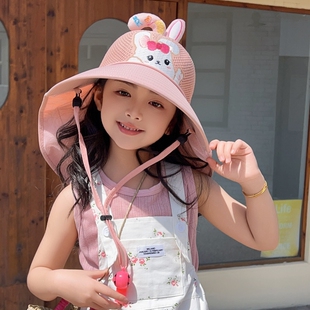儿童防晒帽子夏季大檐女童兔子网眼渔夫帽男孩披肩遮阳宝宝太阳帽