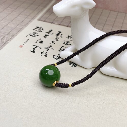 碧玉圆珠项链  色泽菠菜绿 18k金diy圆珠项链玉润珠圆  玉质细腻