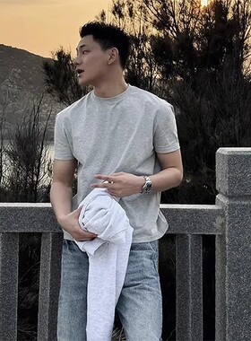 溜淘花灰色男士款全棉圆领口重磅短袖口短袖宽松正肩打底美式短袖