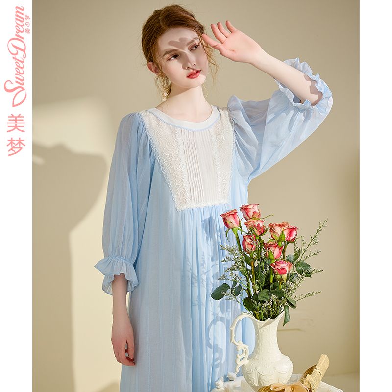 美梦夏季新款法式甜美少女温柔风花边薄纱睡裙宽松泡泡袖连衣裙子