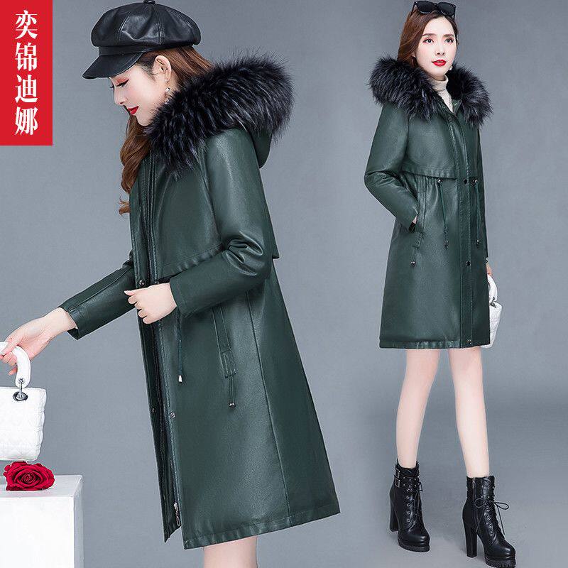 2020冬季皮衣加绒加厚新款修身时尚连帽皮风衣中长款大毛领外套女