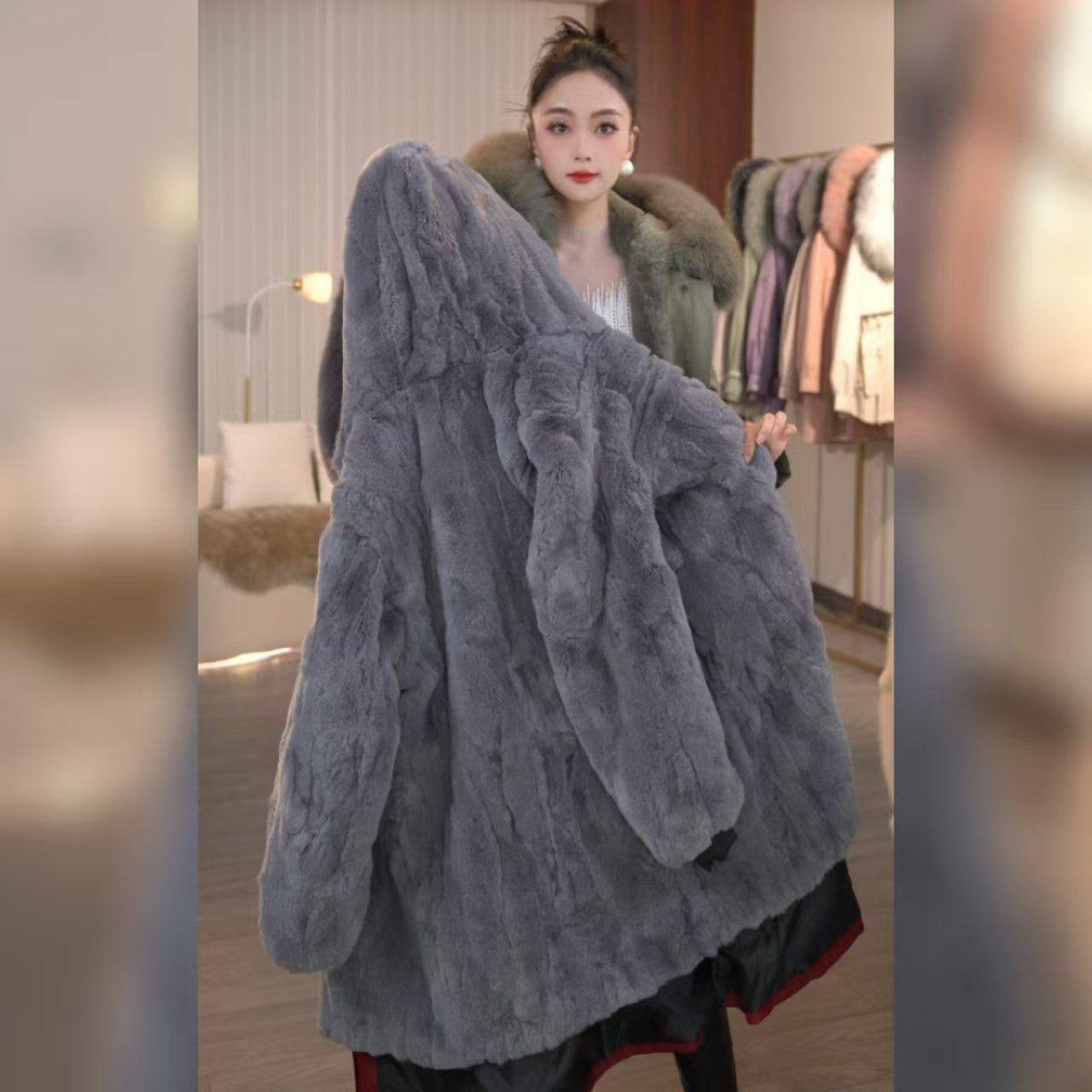 琼玉獭兔2024真皮草女款女士狐狸毛领长款显瘦时尚加厚派克服气质