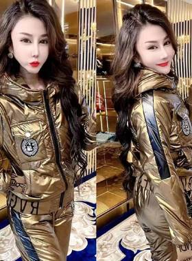 3565款棉服裤子套装女秋冬新款韩版宽松棉衣女短款免洗亮面百搭