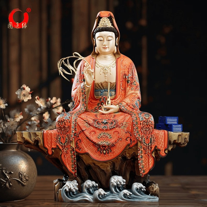 台湾全铜精工彩绘观音菩萨佛像家用供奉摆件南海观世音坐像佛堂象