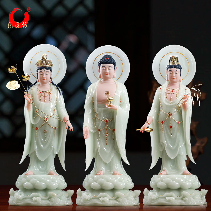 汉白玉西方三圣观音菩萨站像摆件