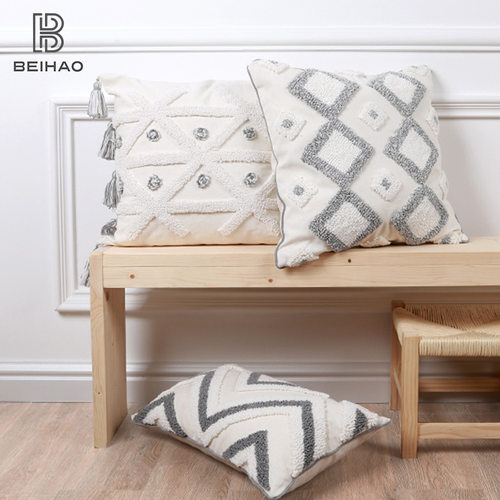 现货圈绣抱枕Boho圈绒绣花靠垫套吊穗流苏腰枕沙发靠枕灰色 可定