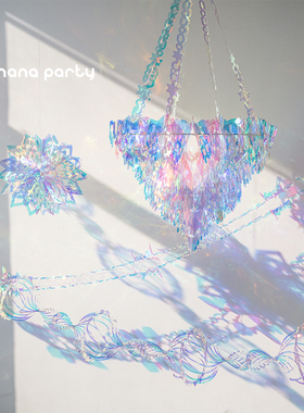 梦幻超闪仙透明水晶幻彩拉花挂拉旗吊饰灯炫彩镭射雨丝帘气球生日