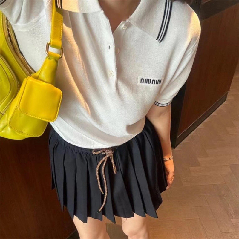 南油品质白色领口袖口条纹撞色短袖字母刺绣休闲针织T恤Polo衫女