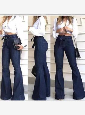 高腰提臀系带喇叭裤阔腿裤牛仔裤女 Wide leg flared jeans