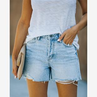 Stretch Size Slit High Straight Large Shorts Ladies Denim